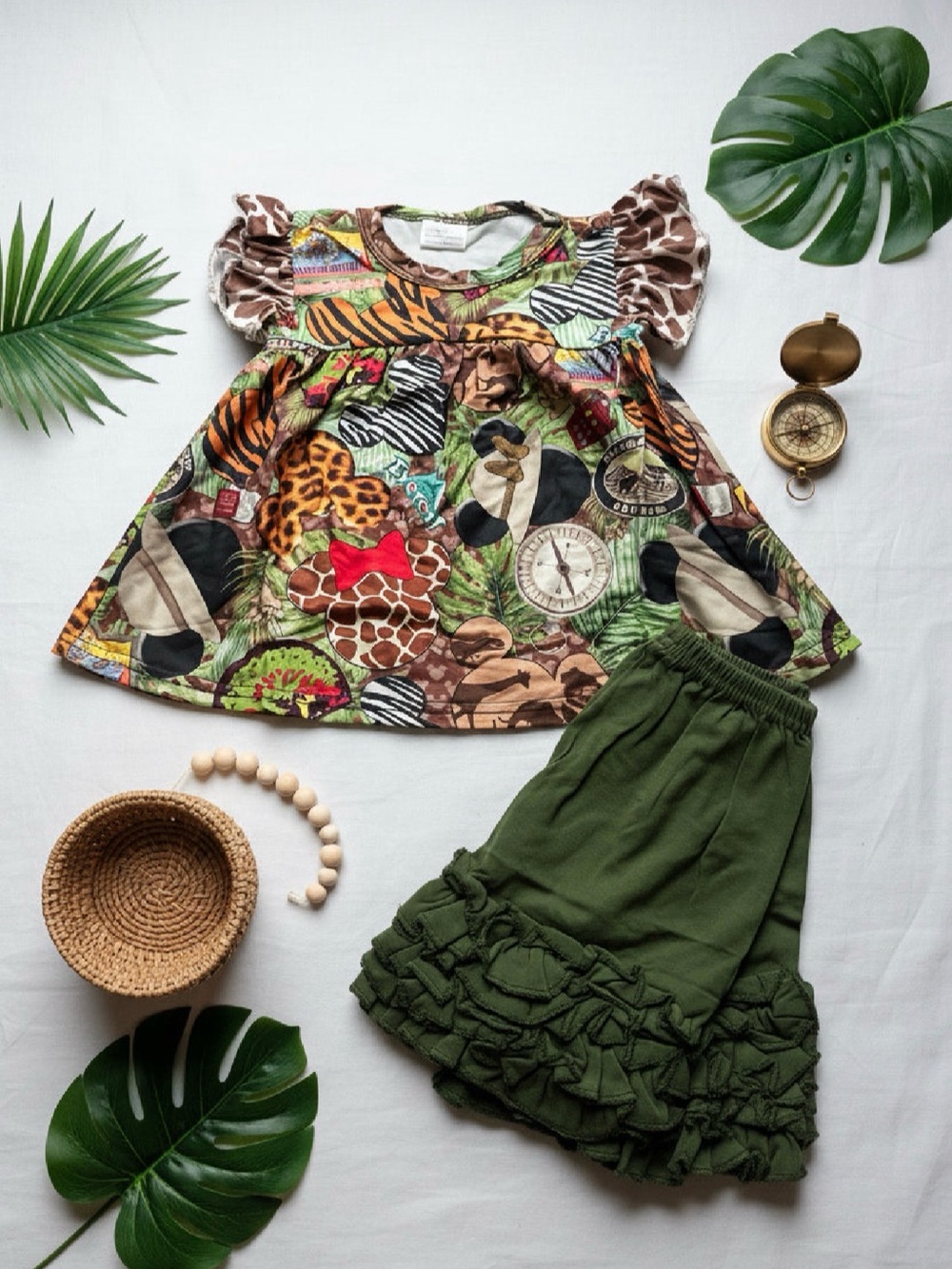 Girls Animal Print Ruffle Sleeve Top and Olive Ruffle Skirt Set